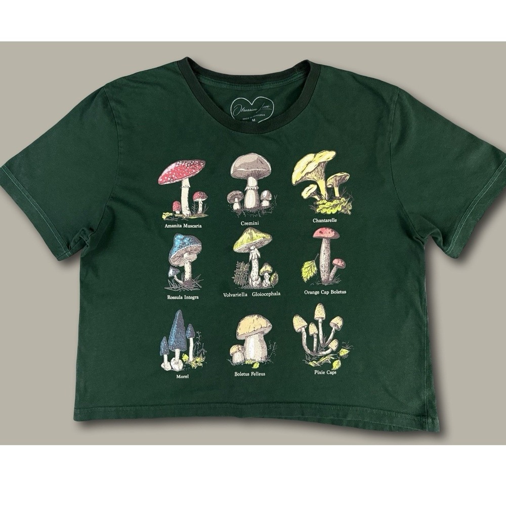 Obsessive Love Cottagecore Mushroom Graphic Green Goblincore Medium Cropped Tee